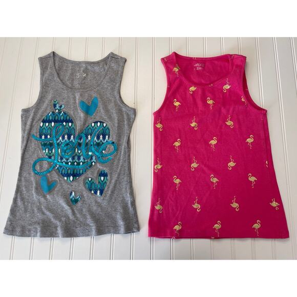 Justice & BCG Pink Gray Tank Tops Bundle of 2 Sequins Flamingos- Size Girl's 12 - Picture 1 of 5